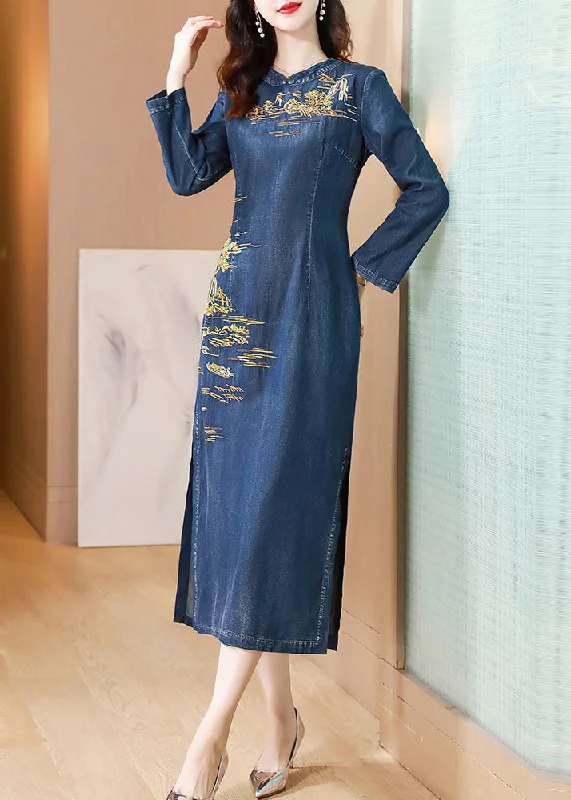 Wrap dresses for womenChinese Style Blue Embroidered Patchwork Denim Long Dress Fall