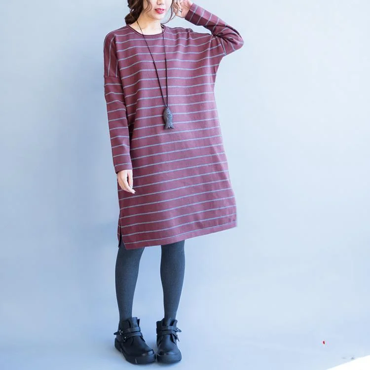 Ruffle women's sweaterautumn new red striped woolen blended sweater dresses loose casual o neck knit sweater dress