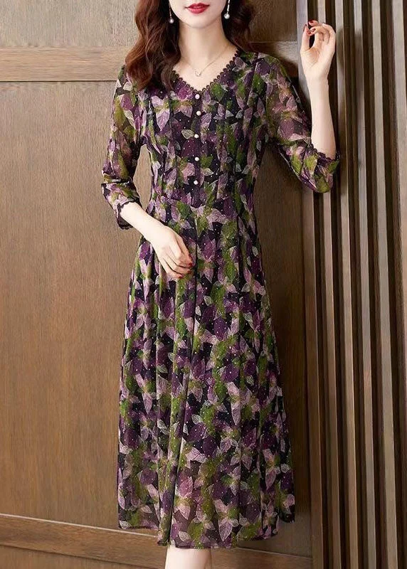 Workout dresses for active lifestylesWomen Purple V Neck Print Patchwork Tulle Dress Bracelet Sleeve