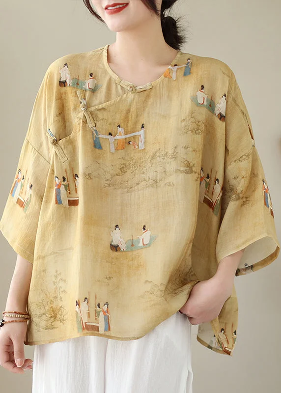 Pullover women's topsLoose Yellow O Neck Button Print Linen Shirts Batwing Sleeve