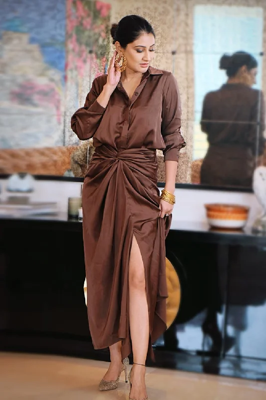 Leather-look women's topsBrown Satin Shirt & Dhoti Co-Ord Set