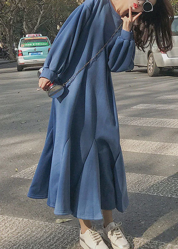Long-sleeved dresses for womenLoose Blue O-Neck Patchwork Long A Line Dress Fall