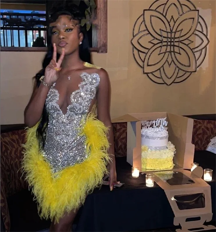 Midi dresses for womenYellow O Neck Short Prom Dresses Beaded Birthday Party Gowns Crystal Rhinestone Celebrity Dress Feathers Formal Mini Cocktail