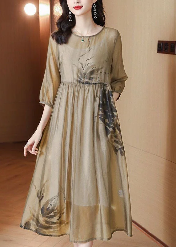 Beach dresses for casual outingsFrench Light Brown O Neck Print Wrinkled Patchwork Chiffon Dresses Summer