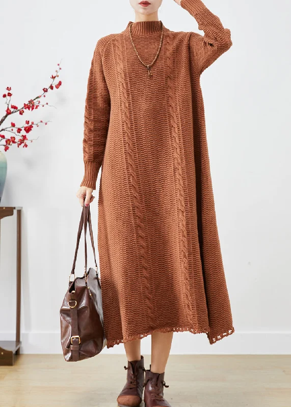 Cozy women's sweaterFrench Khaki High Neck Cable Knit Sweater Dress Winter
