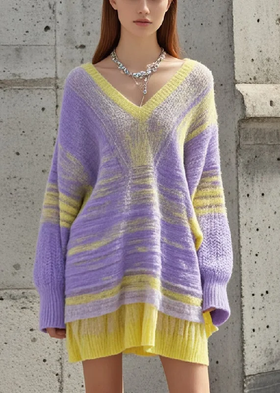 Handmade women's sweaterCasual Gradient Color V Neck Cozy Loose Sweater Dress Fall