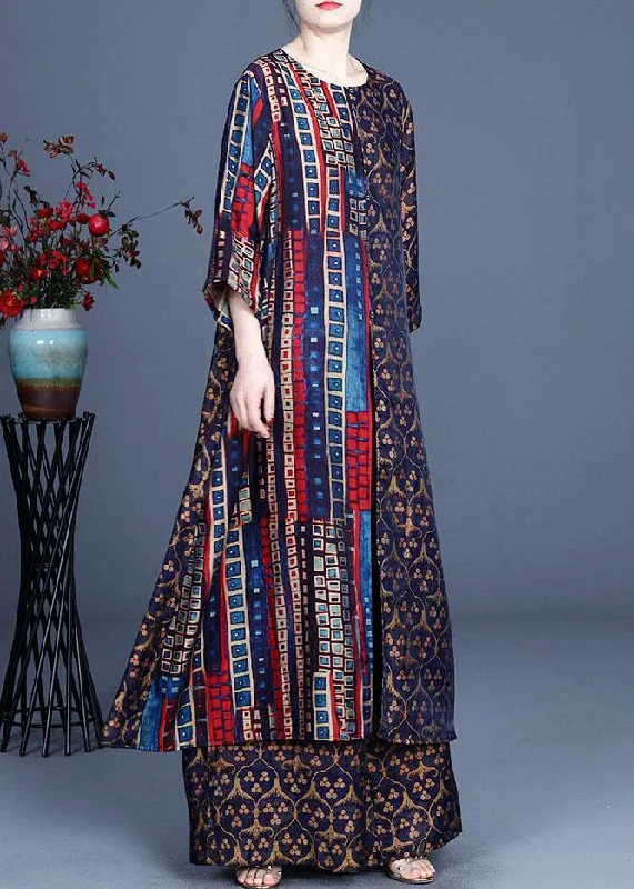 Layering women's topsItalian Blue Print Button Silk long shirts Wide Leg Two Pieces Set
