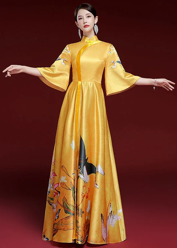 Day dresses for everyday wearStylish Yellow Button Print Patchwork Silk Long Dresses Fall