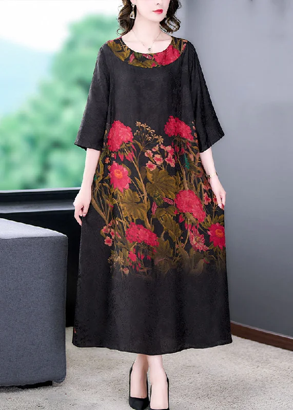 Plunging neckline dresses for womenElegant Black O Neck Print Patchwork Silk Long Dress Summer