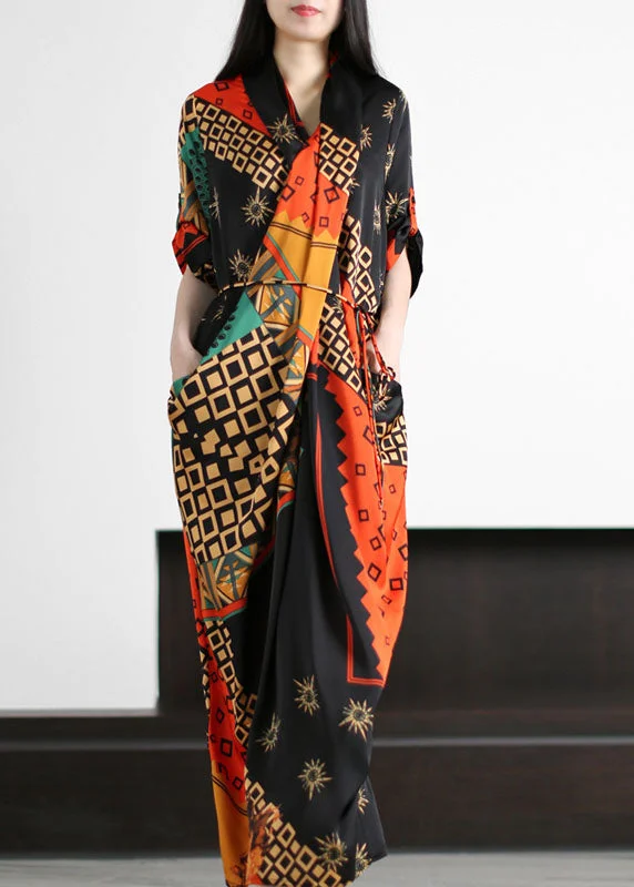 Lantern sleeve dresses for womenBoho Black Wrinkled Tie Waist Patchwork Silk Long Dresses Summer