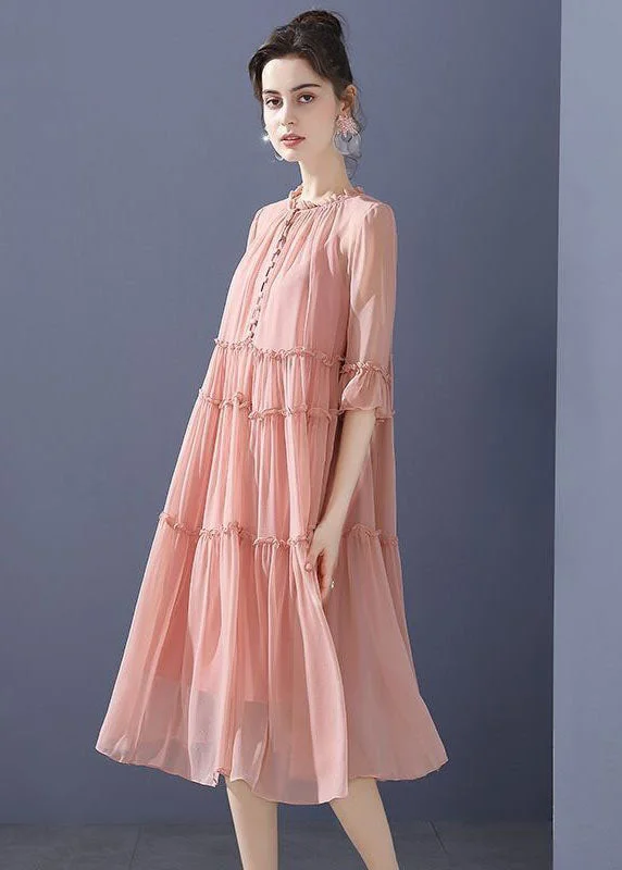 Velvet dresses for womenBohemian Pink O-Neck Ruffled Patchwork Silk Mid Dresses Summer