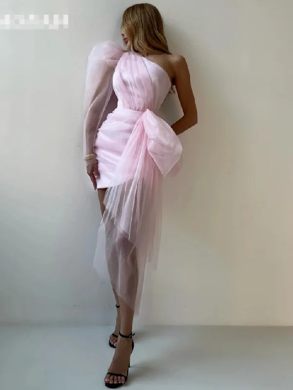 Batwing sleeve dresses for womenRose Tulle Mini Formal Prom Dresses Bow Side One Shoulder Pleats Prom Dress Mini Illusional Party Gowns
