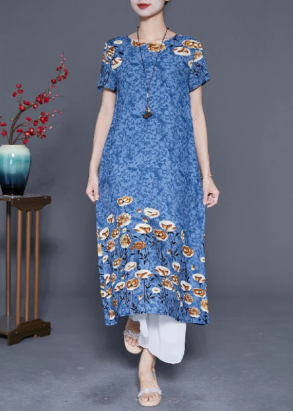 Sweetheart neckline dresses for womenBlue Grey Print Cotton Long Dresses O-Neck Oversized Summer