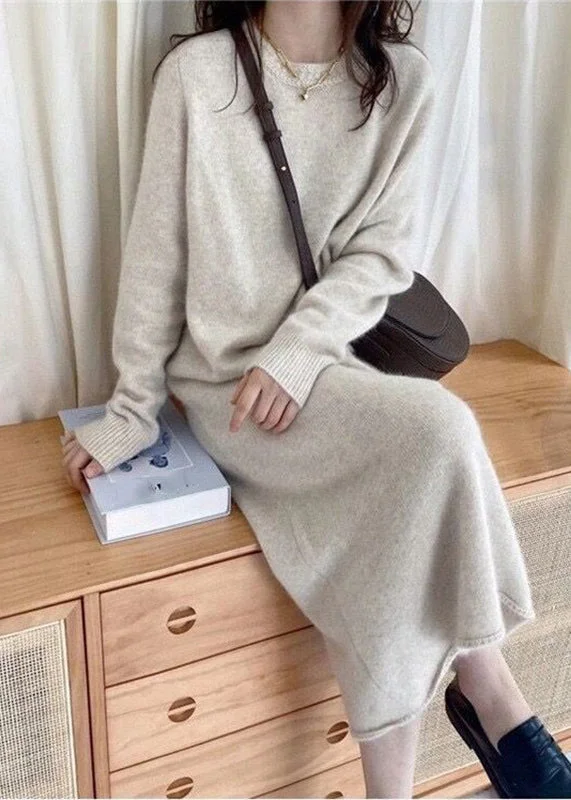 Winter white women's sweaterChic Light Grey Cozy Long Cashmere Knit Sweater Dress Fall