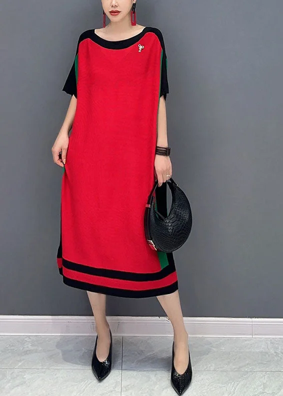 Striped women's sweaterLoose Red O-Neck Knit Sweater Dresses Short Sleeve
