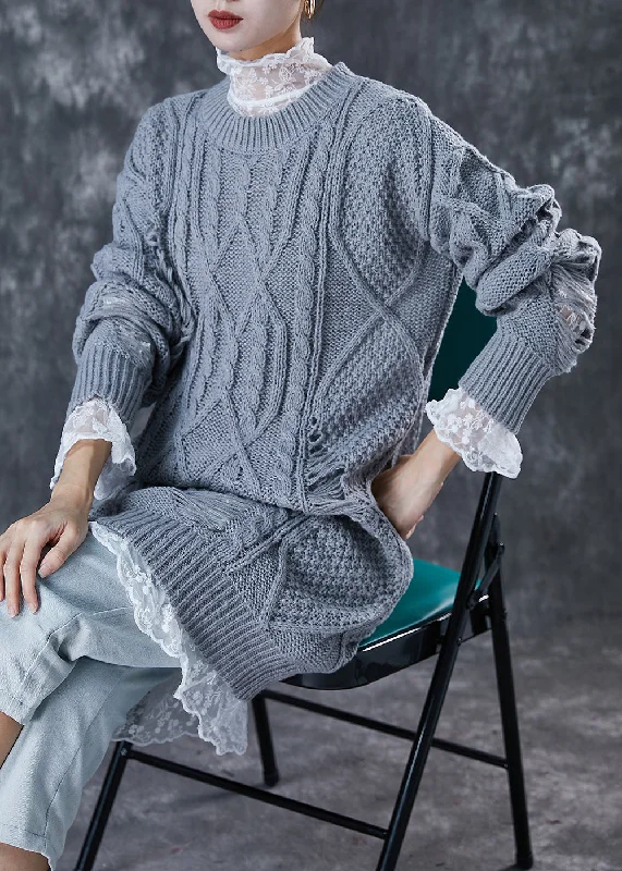 Asymmetric women's sweaterElegant Grey Hollow Out Knit Ripped Sweater Dress Winter