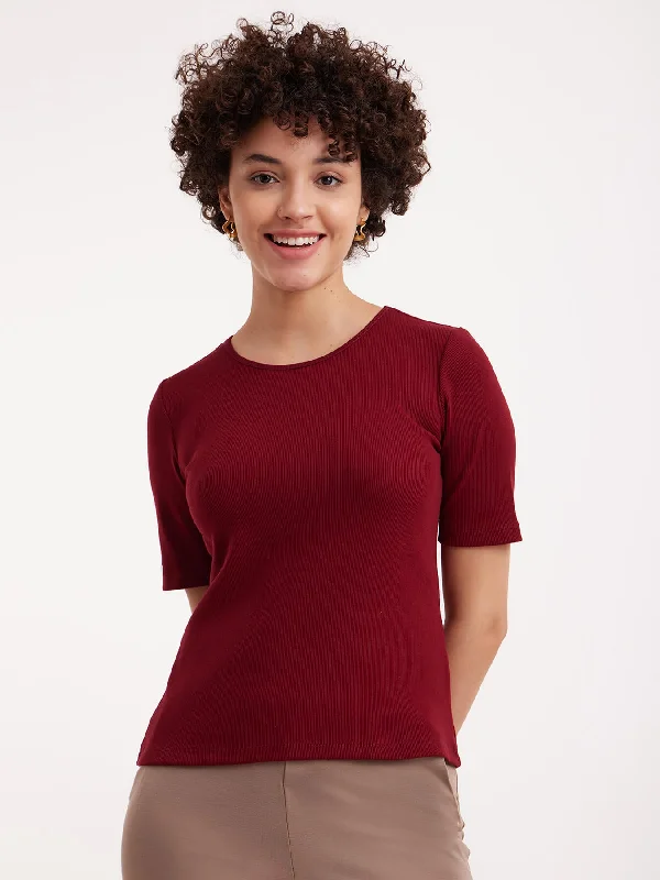 Affordable women's topsStretchable Round Neck LivIn T Shirt - Maroon