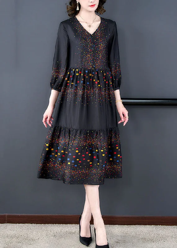 Sack dresses for womenBoutique Black V Neck Print Wrinkled Patchwork Silk Dresses Summer
