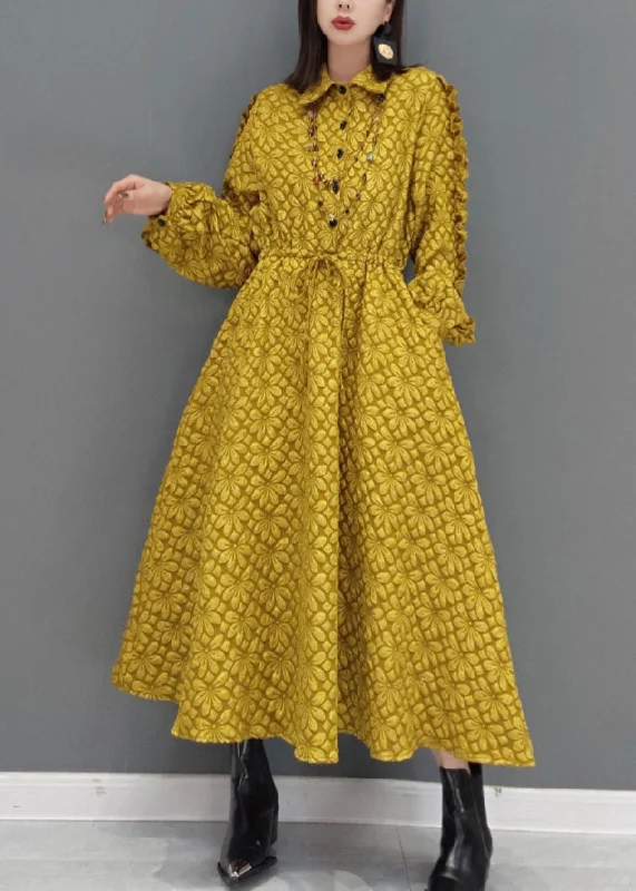 Gym wear dresses for athletic activitiesYellow Jacquard Patchwork Cotton Dresses Ruffled Drawstring Fall