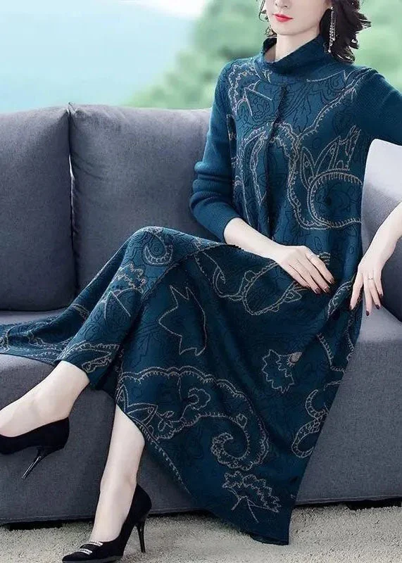 Capsule collection women's sweaterElegant Blue Stand Collar Print Exra Large Hem Wool Knit Sweater Dress Winter
