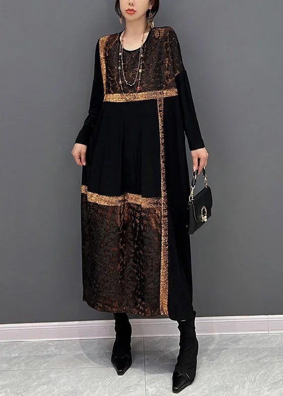 Workwear women's dressesWomen Black O Neck Organza Patchwork Cotton Dress Fall