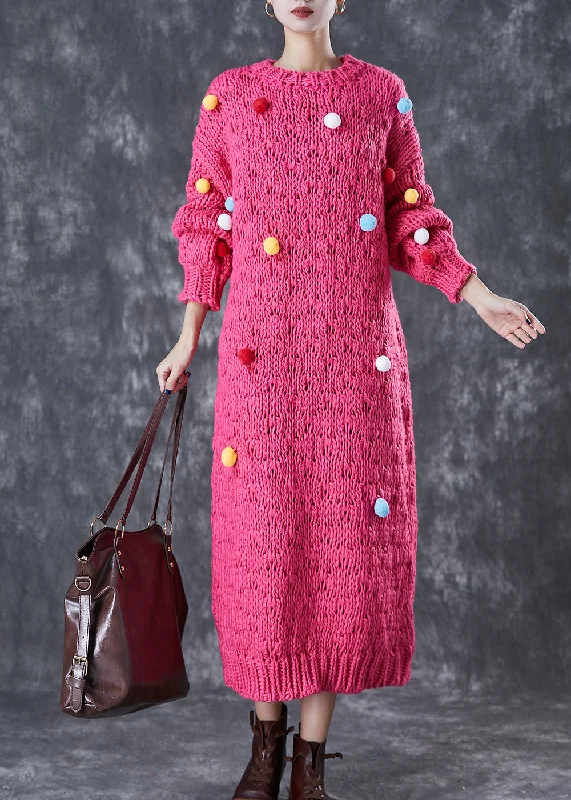 Pullover women's sweaterItalian Rose Fuzzy Ball Decorated Knit Long Sweater Dress Winter