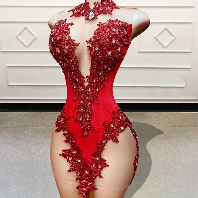 Sleeveless dresses for womenLuxury Diamond Red Short Prom Dresses for Birthday Party Beaded Appliques Sexy Women See Through Mini Cocktail Gowns