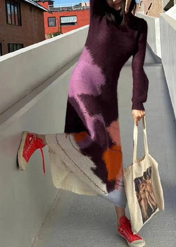 Embellished women's sweaterFrench Purple Hign Neck Slim Fit Knit Sweater Dress Winter
