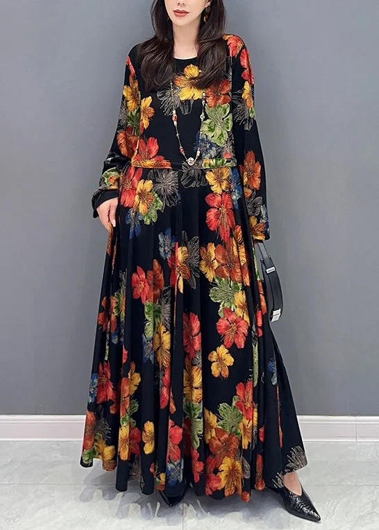 Silk dresses for womenBeautiful Colorblock Print Wrinkled Patchwork Cotton Long Dress Fall