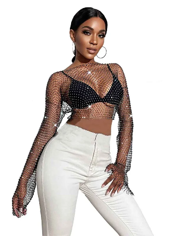 White women's topsV-Neck Long Sleeve Sheer Short Rhinestone Mesh Shirt