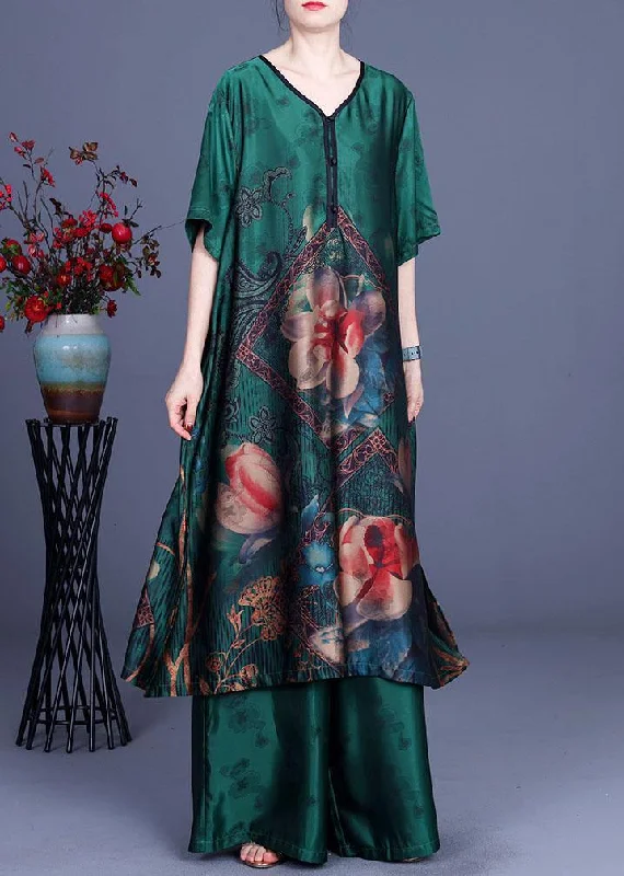 Designer women's topsGreen Elegant Print Patchwork Summer Silk long shirts + Wide Leg Two Pieces Set