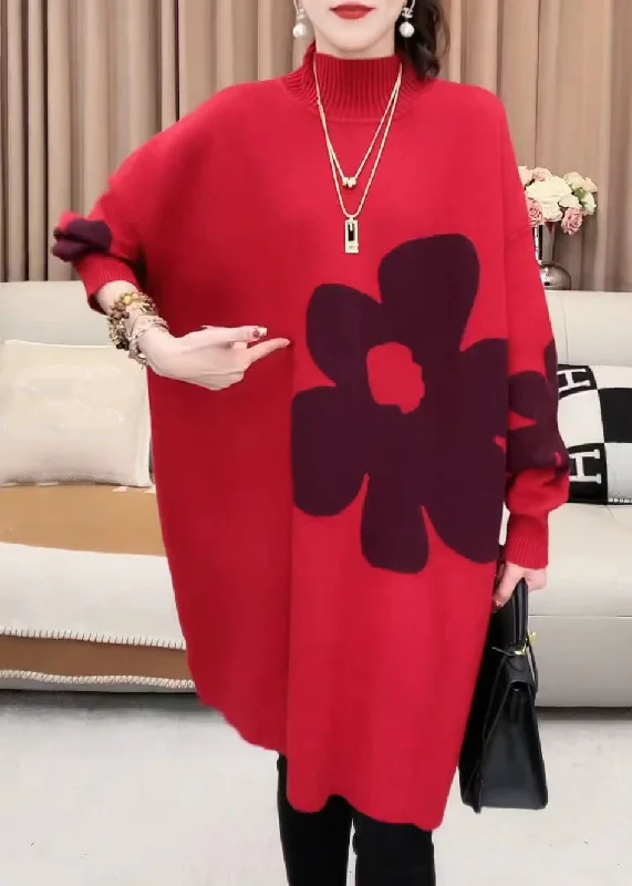 Pullover women's sweaterWomen Red Turtleneck Cozy Knit Sweater Dress Winter