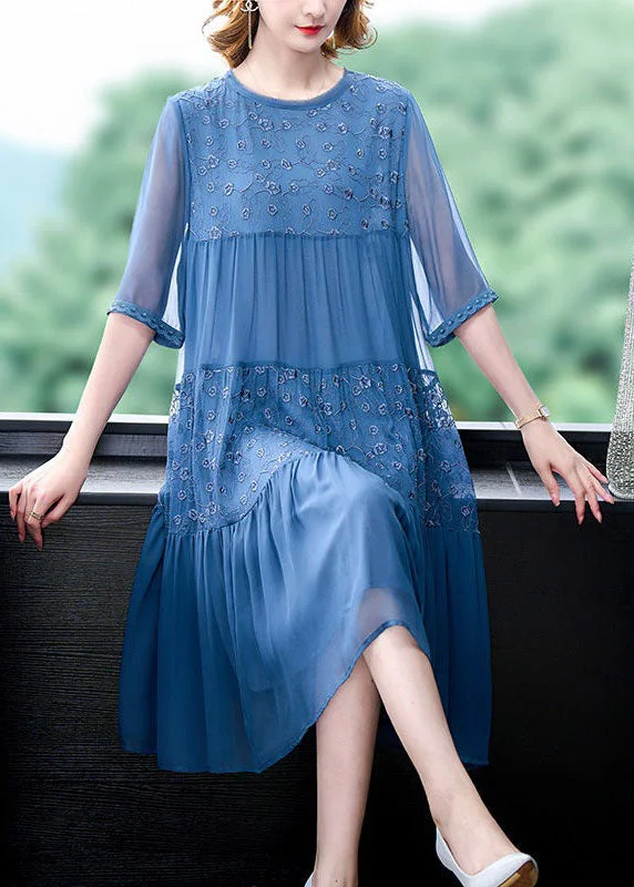 Ruched dresses for womenClassy Blue Embroideried Wrinkled Patchwork Chiffon Dresses Summer