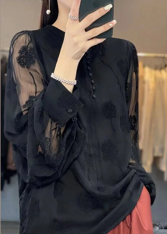 Leather-look women's topsItalian Black Embroidered Button Chiffon Shirt Long Sleeve