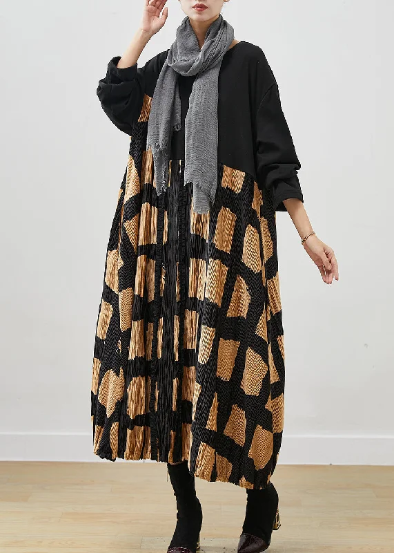 Bell sleeve dresses for womenStylish Black Oversized Patchwork Cotton Holiday Dress Spring