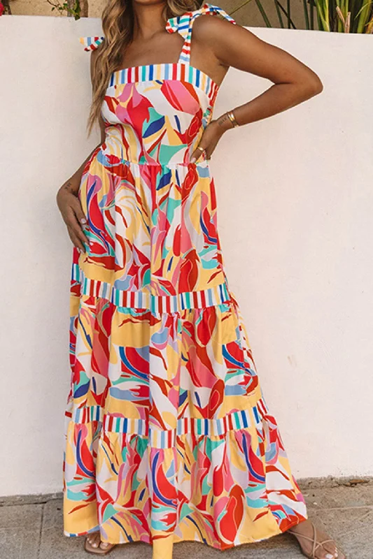 High-neck dresses for womenPrinted Patchwork Tie-straps Tiered Dress