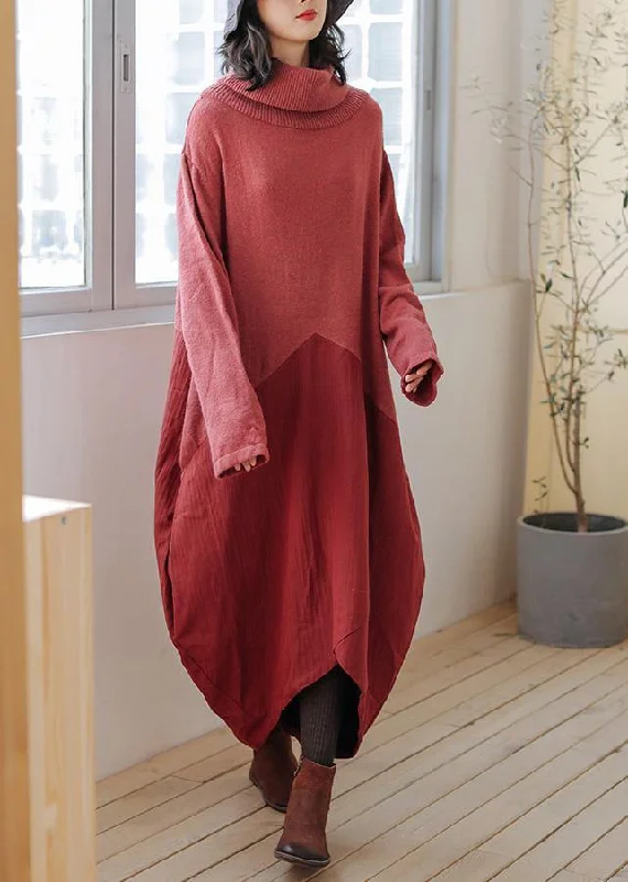 Handmade women's sweaterWomen high neck asymmetric Sweater outfits Street Style red Fuzzy sweater dress