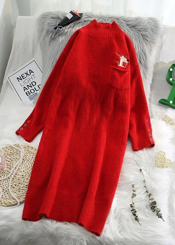 Sustainable women's sweaterCute half high neck Sweater spring weather plus size red Mujer knit dress