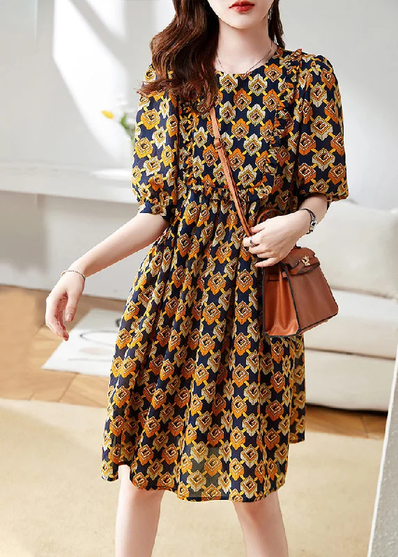 Elegant women's dressesOrange Patchwork Ruffled Long Dress Short Sleeve