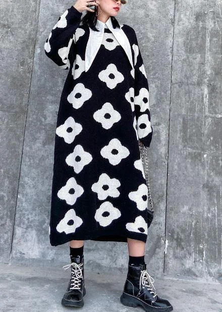 Petite women's sweaterKnitted black print Sweater Aesthetic Women o neck baggy knit dress