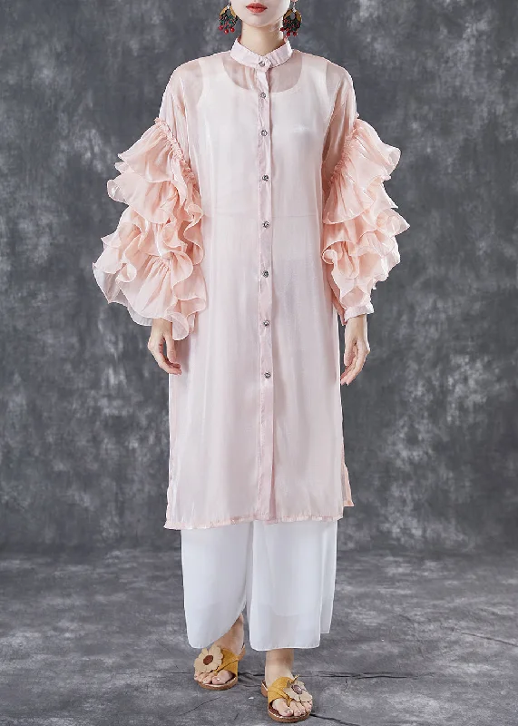 Neon women's topsPink Chiffon UPF 50+ Long Shirt Stand Collar Oversized Petal Sleeve