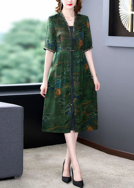 Transitional dresses for in-between seasonsClassy Green V Neck Print Wrinkled Patchwork Silk Dresses Summer