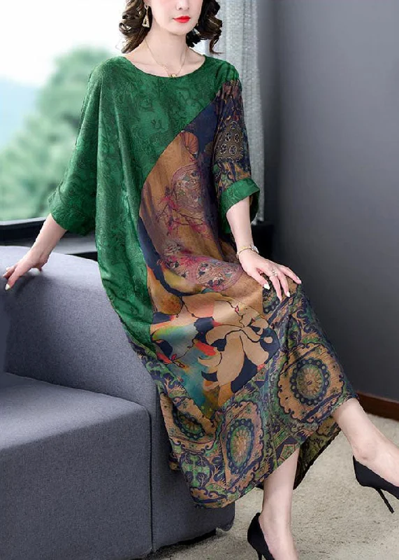 Little red dresses (LRDs) for womenHandmade Green O Neck Print Patchwork Silk Long Dress Summer