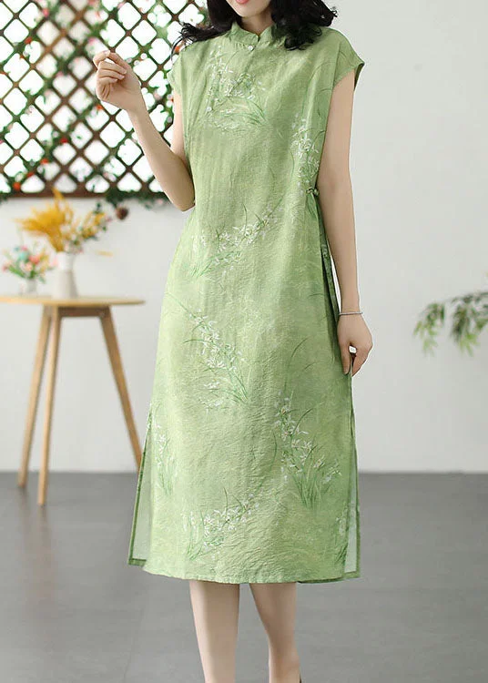 Lantern sleeve dresses for womenGreen Print Patchwork Linen Dress Stand Collar Button Summer