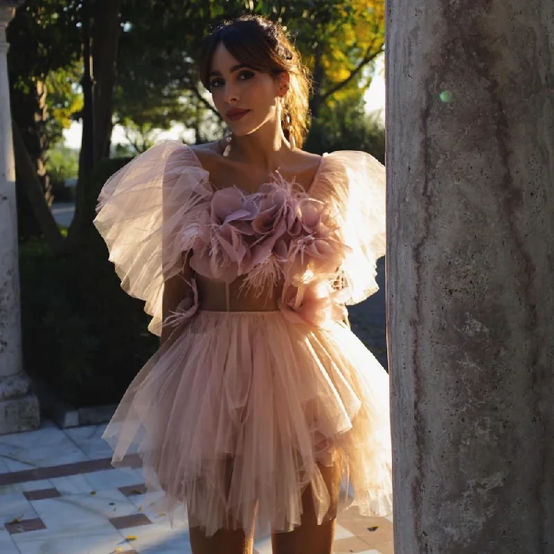 Solid color dresses for womenPretty Fashion Sweet Short Party Dresses 3D Flowers Feathers Tulle Pleated A Line Women Mini Prom Cocktail Gowns Custom Made