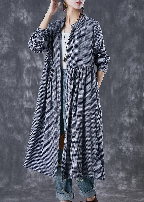 Smock dresses for womenNatural Grey Oversized Plaid Cotton Shirt Dresses Fall