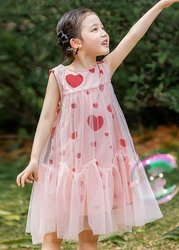 Sleeveless dresses for womenFashion Pink Love Print Patchwork Wrinkled Tulle Kids Long Dresses Summer