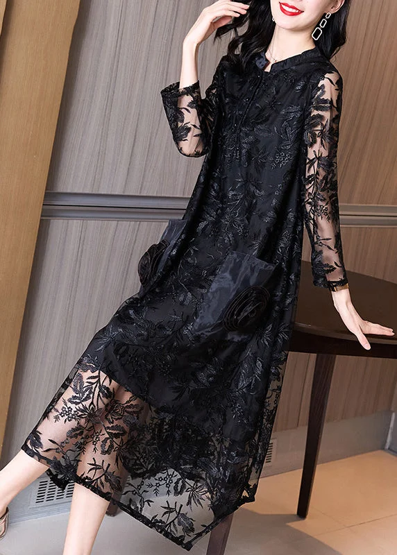 Designer dresses for high-end fashionItalian Black Stand Collar Embroidered Pockets Patchwork Tulle Dress Fall