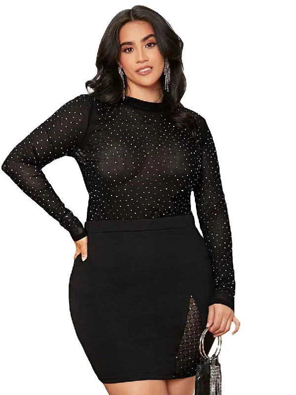 Checkered women's topsPlus Size Rhinestone Black Shirt - Bling Shirts Plus Size