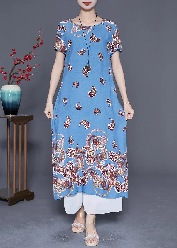 Embroidered dresses for womenClassy Light Blue Oversized Print Cotton Vacation Dresses Summer